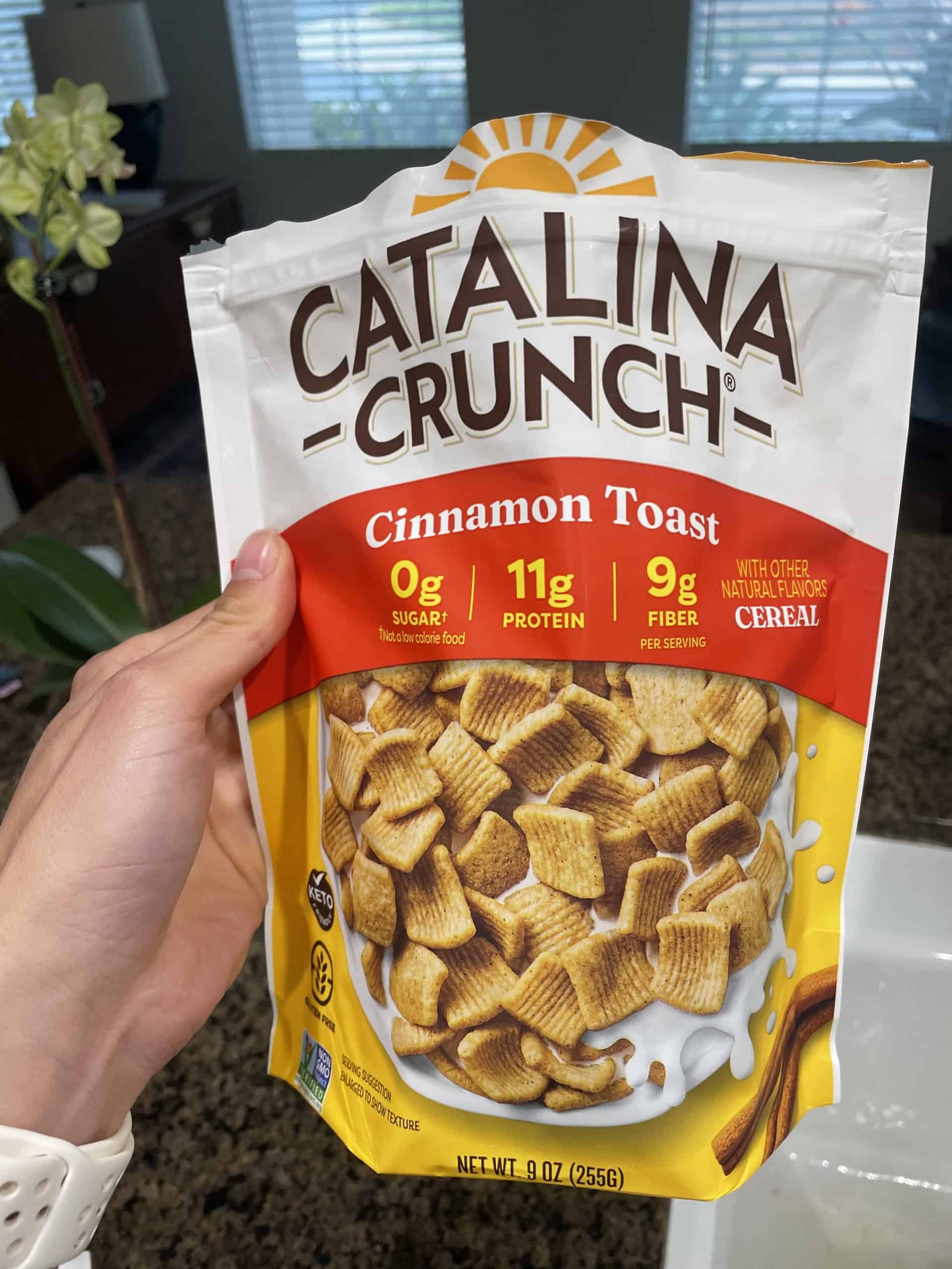 a bag of Catalina Crunch cinnamon toast cereal